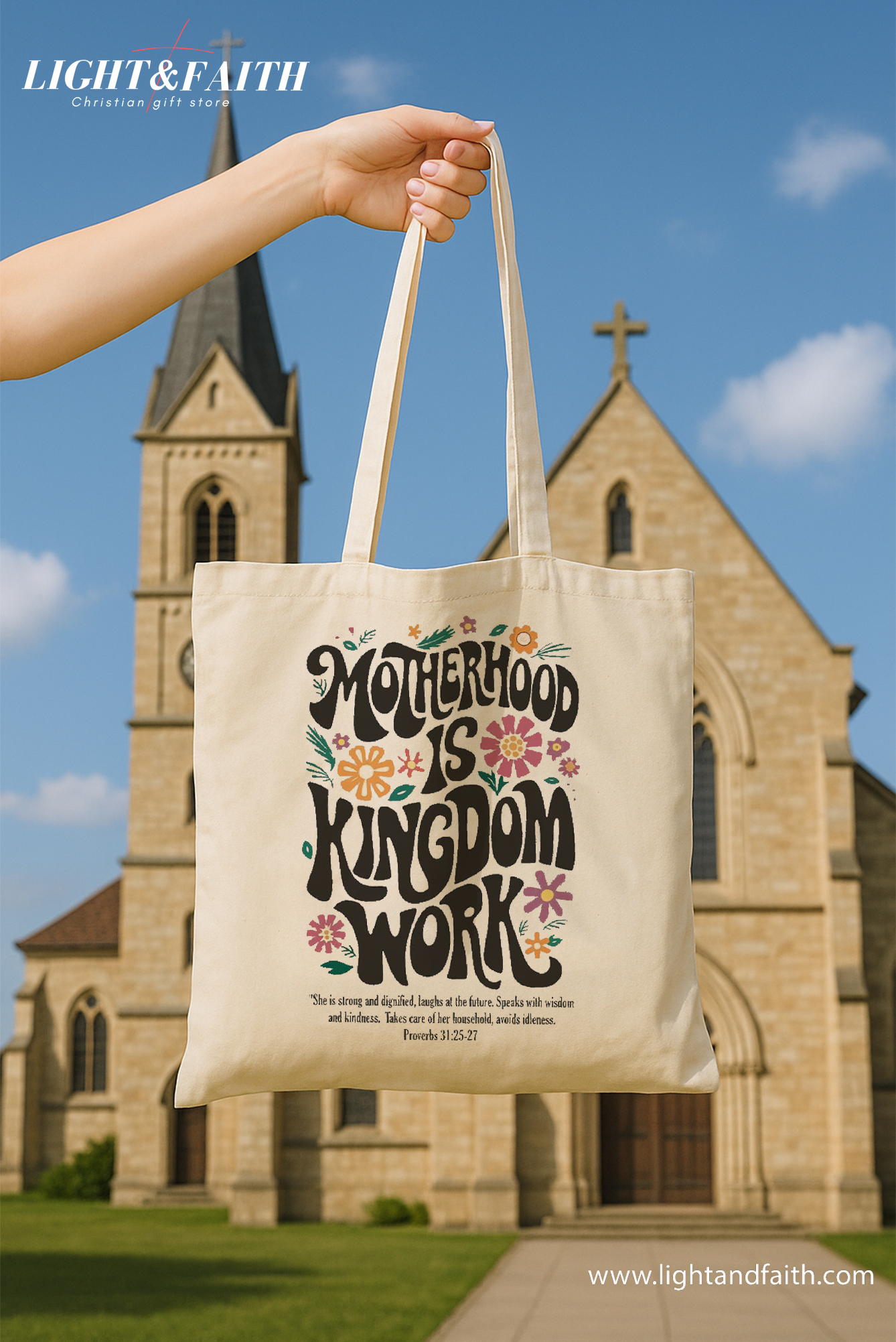 Motherhood Is Kingdom Work Tote Bag, Proverbs 31 Bible Verse Bag, Christian Mom Tote, Faith-Based Mother’s Day Gift, Scripture Canvas Bag TBLAF38